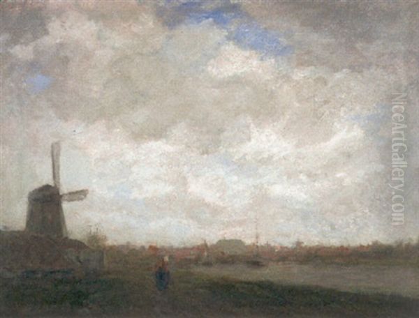 Fluslandschaft Mit Windmuhle Oil Painting by Jacob Henricus Maris