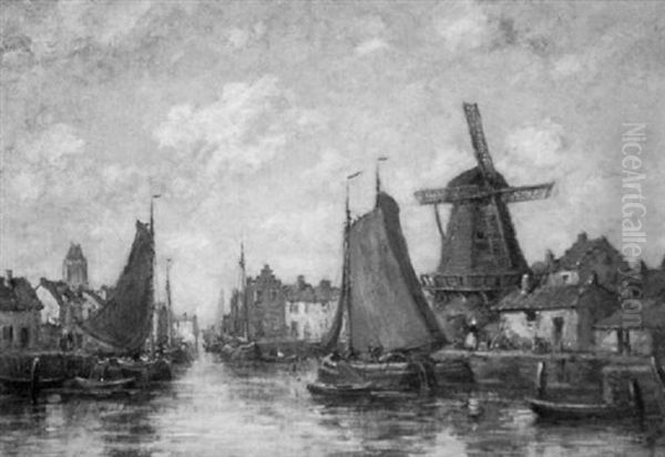 Busy Canal Scene Oil Painting by Jacob Henricus Maris