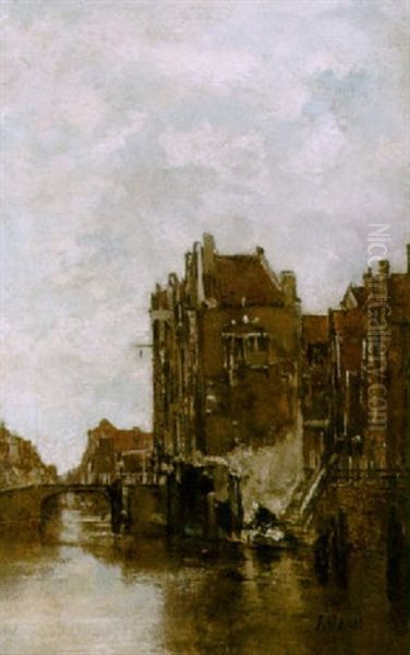 A View Of Dordrecht With A Washerwoman By A Canal Oil Painting by Jacob Henricus Maris