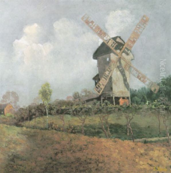 Windmuhle In Sonniger Fruhlingslandschaft Mit Vorbeiziehendem Gewolk Oil Painting by Jacob Henricus Maris