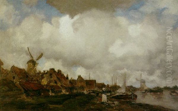 A Village By A Canal With Windmill Beyond Oil Painting by Jacob Henricus Maris