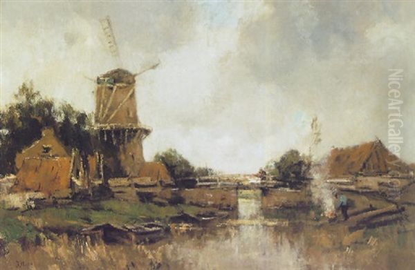 Windmill Near A Canal Oil Painting by Jacob Henricus Maris