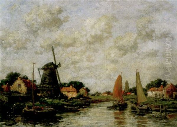 Dutch Landscape With Windmills And Boats by Jacob Henricus Maris