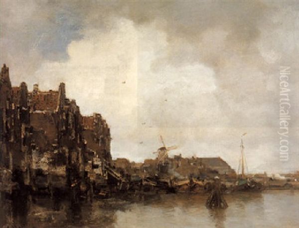 A View Of A Dutch Town On The Waterfront Oil Painting by Jacob Henricus Maris