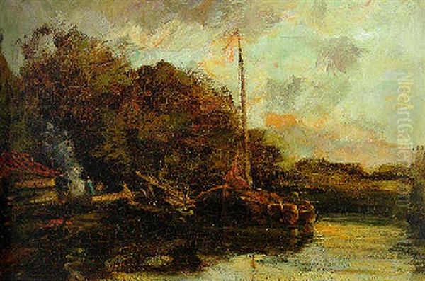 A Moored Sailing Barge At Dusk by Jacob Henricus Maris