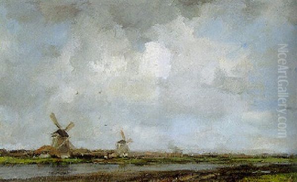 Windmills Along A Canal Near Leyden Oil Painting by Jacob Henricus Maris