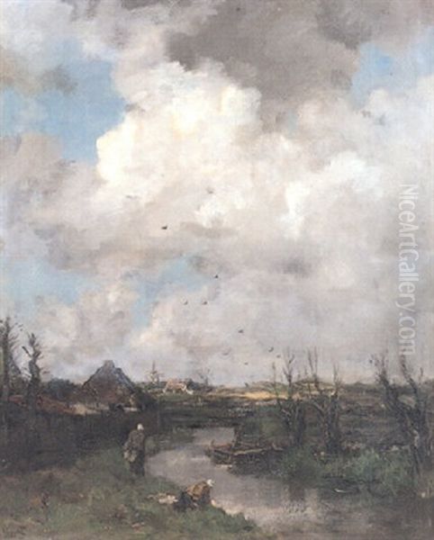 Washerwomen In A Stormy Dutch Lanscape Oil Painting by Jacob Henricus Maris