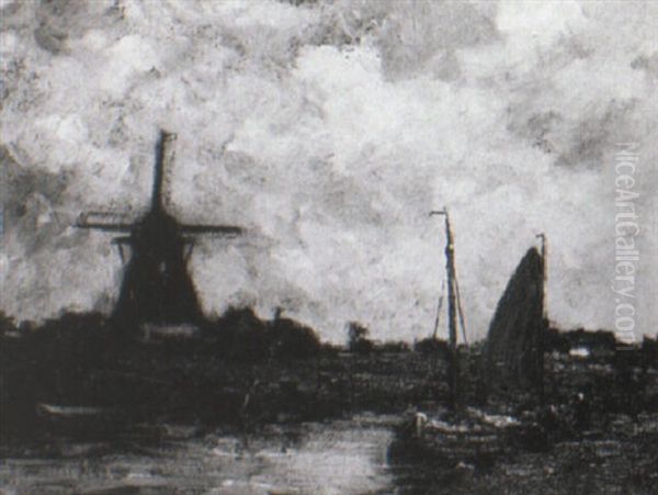 Sailing Barge Before A Windmill Oil Painting by Jacob Henricus Maris