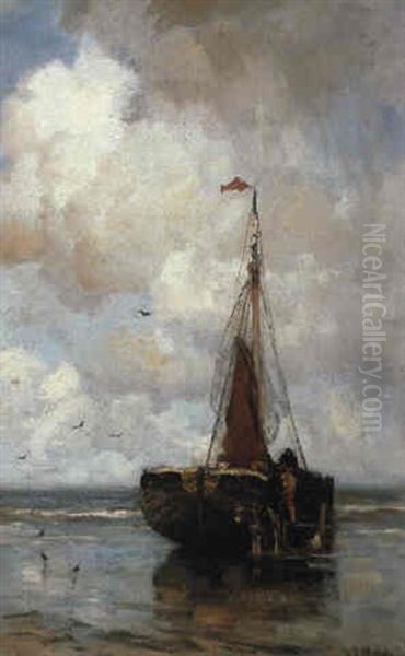 A Beached Bomschuit At Scheveningen Oil Painting by Jacob Henricus Maris