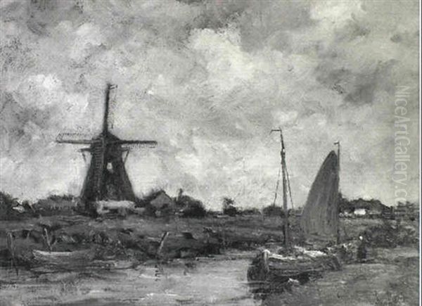 Hollandsk Kanalparti Oil Painting by Jacob Henricus Maris