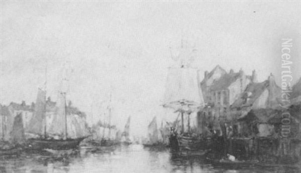 Boats In A Harbour Oil Painting by Jacob Henricus Maris