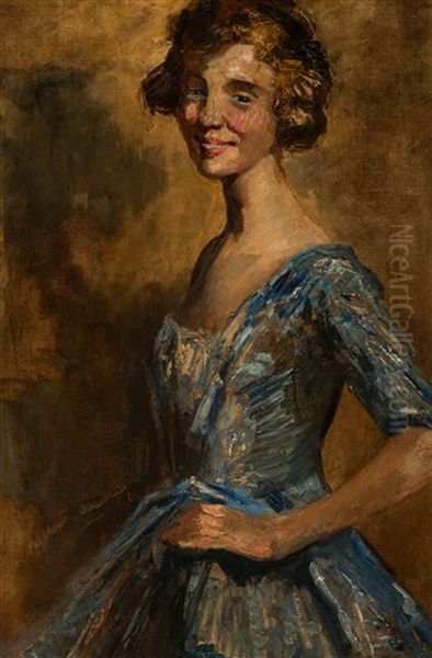 Portrait Of A Girl In A Blue Dress Oil Painting by Simon Maris