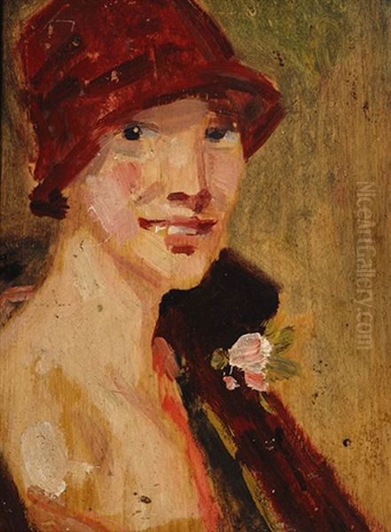 Elegant Lady With A Red Hat (+ Reading Girl, Verso) Oil Painting by Simon Maris