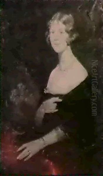 A Portrait Of A Young Lady, Seated 3/4 Length, Wearing A    Black Dress & Pearl Necklace. Oil Painting by Simon Maris