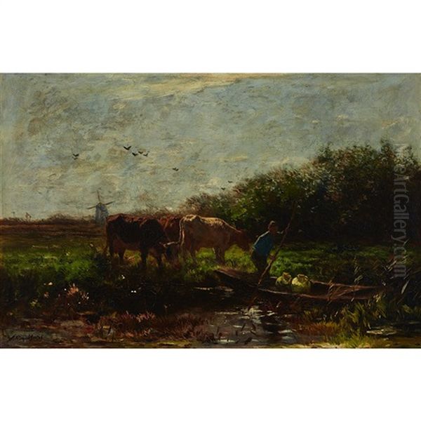 Farmer Driving A Boat Through A Polder Landscape With Cows Oil Painting by Willem Maris