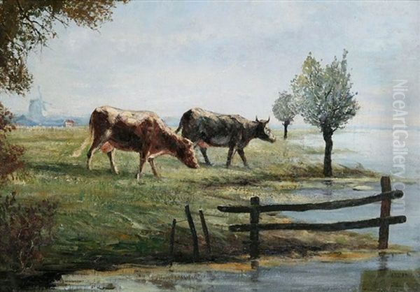 Cows And The Edge Of The Water With Windmill In The Distance Oil Painting by Willem Maris