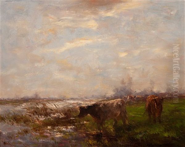 Meadow With Cows By The Water Oil Painting by Willem Maris