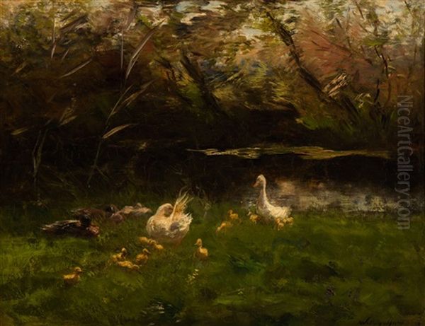 A Family Of Ducks By The Water Oil Painting by Willem Maris