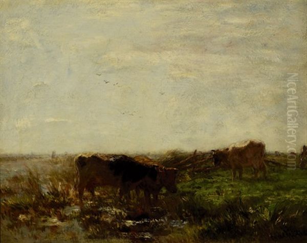 Cows On The Water's Edge In A Polderscape Oil Painting by Willem Maris