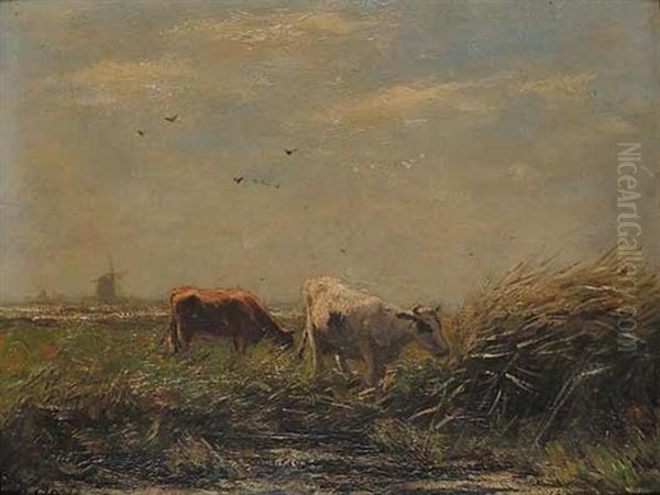 Untitled - Two Cows In A Pastoral Landscape Oil Painting by Willem Maris