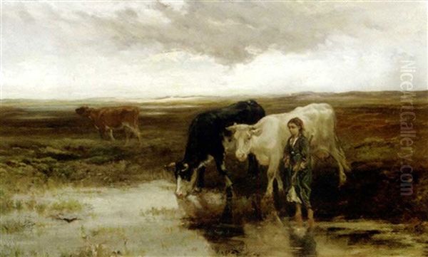 Morgenstond: A Shepherd Girl Leading Her Cattle To Water Oil Painting by Willem Maris