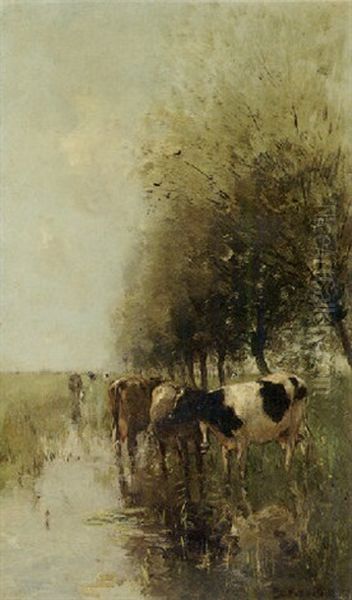 Cows Watering By Willows Oil Painting by Willem Maris