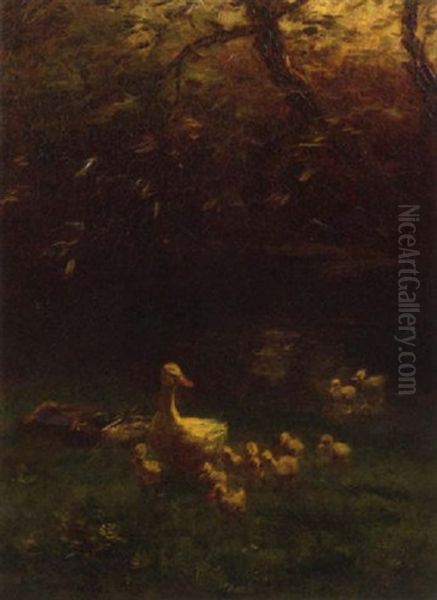 Ducks And Ducklings On The Waterside Oil Painting by Willem Maris