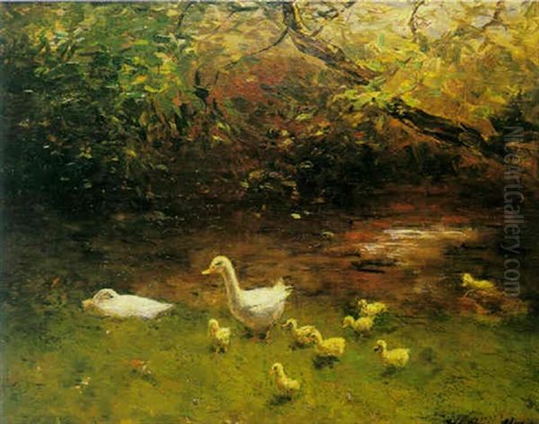 A Duck With Ducklings On The Waterfront Oil Painting by Willem Maris