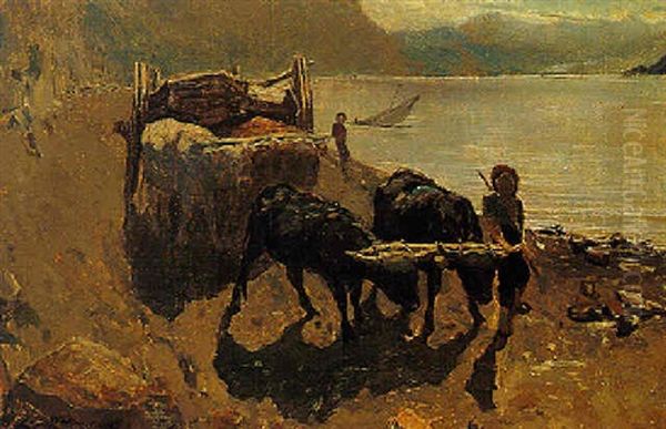 A Boy With An Ox-drawn Cart Along The River Rhine Oil Painting by Willem Maris