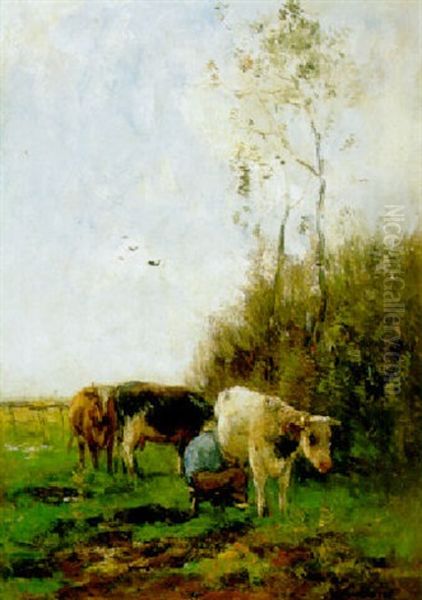 Koeien In Een Melkbocht Oil Painting by Willem Maris