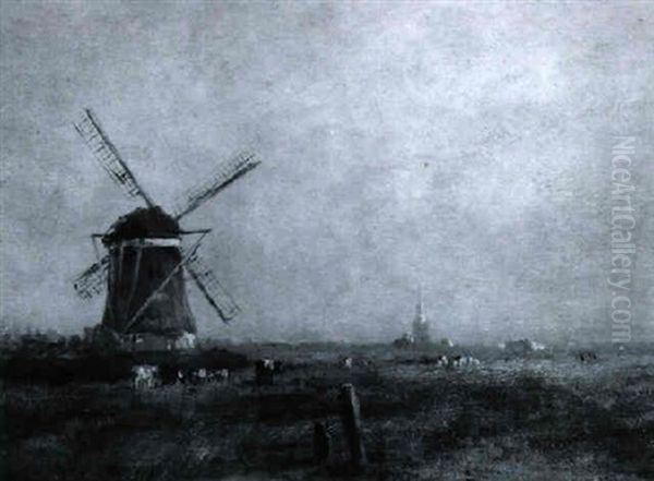 Cows In A Landscape With Windmill Oil Painting by Willem Maris