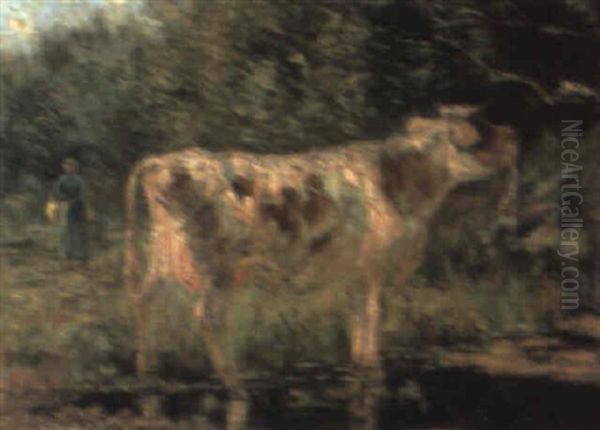 Milkmaid And Cow At A Pool Oil Painting by Willem Maris