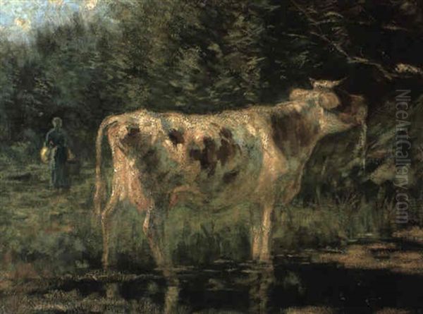 Milkmaid And Cow At A Pool Oil Painting by Willem Maris