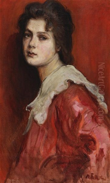 Portrait Of A Lady In Red Oil Painting by Lajos Mark