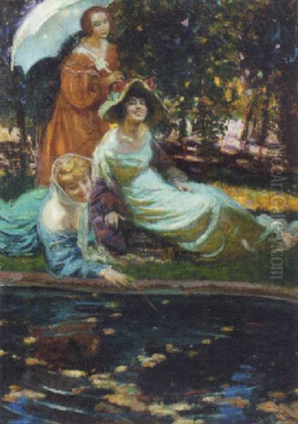 Ladies On A Riverbank Oil Painting by Lajos Mark