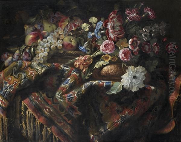 Nature Morte Au Panier De Fruits, Raisins, Poires, Pommes Et Grenade Au Vase De Fleurs Sur Un Tapis Oil Painting by Jacques Samuel Bernard