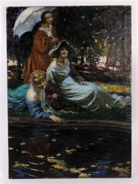 Three Women At A Summer Garden Pond Oil Painting by Louis Mark