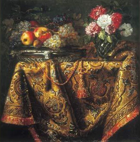 Nature Morte Au Vase De Fleurs, Coupe De Fruits Sur Un Entablement Recouvert D'un Tapis Oil Painting by Jacques Samuel Bernard