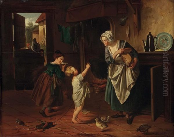 Mutter Gibt Kindern Brot Zu Essen - Stubeninterieur Oil Painting by Alexandre Markelbach