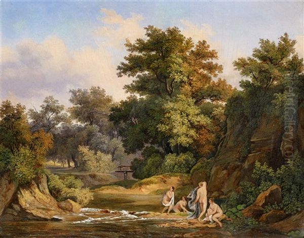 Nymphs Bathing In A Wooded Landscape Oil Painting by Karoly Marko the Elder