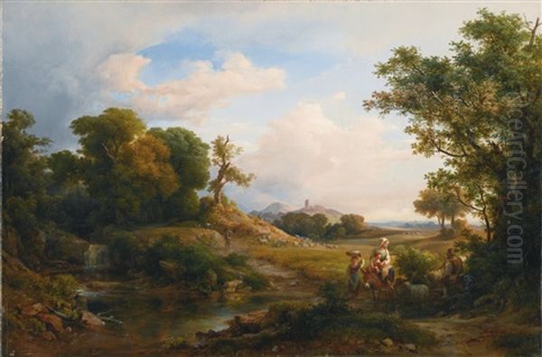 Italian Mountain Landscape (the Flight Into Egypt) Oil Painting by Karoly Marko the Elder