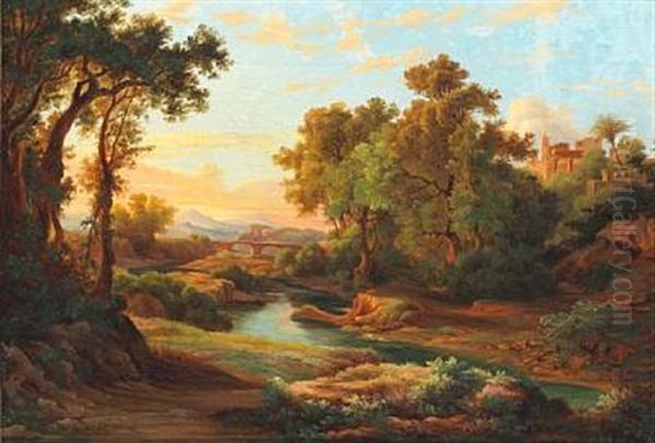 Southern European Landscape With A Viaduct And Temple Ruins Oil Painting by Karoly Marko the Elder