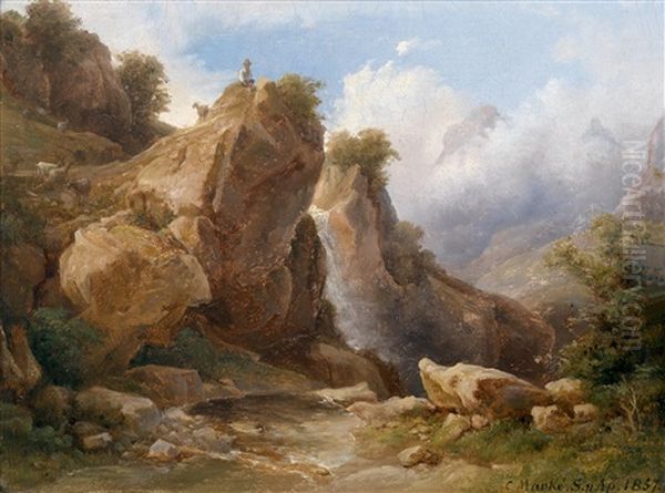 Ziegenhirte In Felsiger Landschaft (collab. W/workshop) Oil Painting by Karoly Marko the Elder