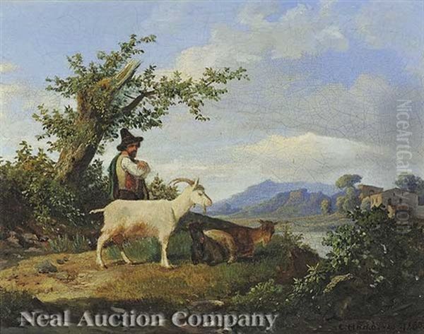 A Mountainous Landscape With Herder And Goats Oil Painting by Karoly Marko the Elder