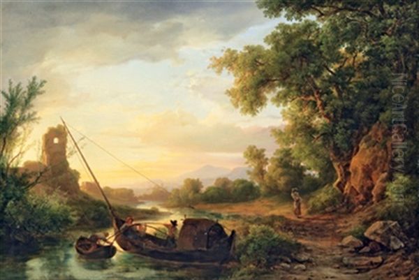 Italienische Flusslandschaft Mit Fischern Oil Painting by Karoly Marko the Elder