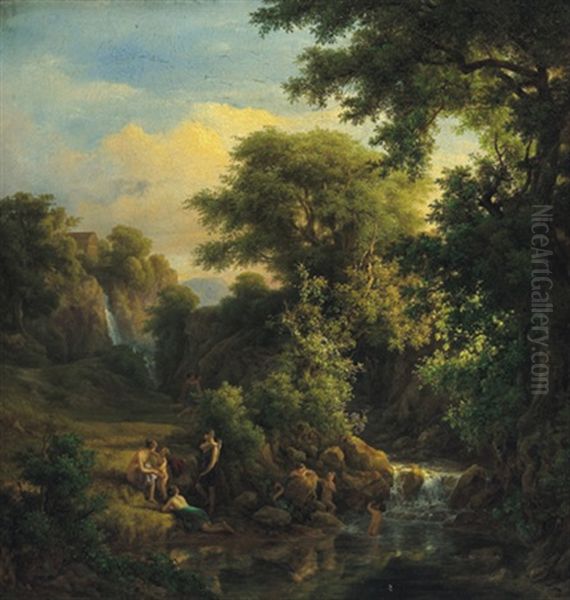 Waldlandschaft Mit Einem Sturzbach Und Diana Mit Ihren Gefahrtinnen Beim Bad Oil Painting by Karoly Marko the Elder