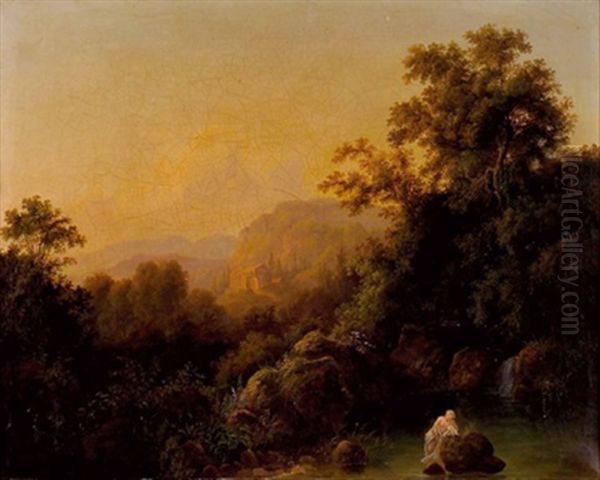 Nymphe An Einer Bewaldeten Quelle In Italienischer Landschaft Mit Blick Auf Einen Antiken Tempel Oil Painting by Karoly Marko the Elder