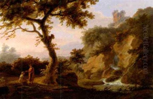 Bewaldete Gebirgslandschaft Mit Einem Wasserfall Und Rastenden Unter Einem Hohen Baum Oil Painting by Karoly Marko the Elder