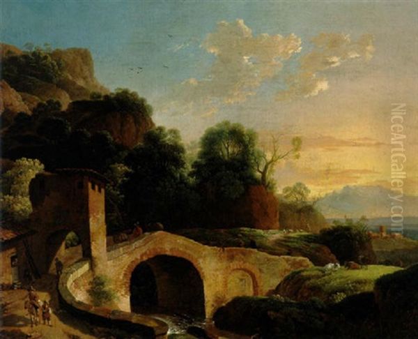 Gebirgige Sudliche Landschaft Mit Einer Steinernen Brucke Und Reisenden Oil Painting by Karoly Marko the Elder