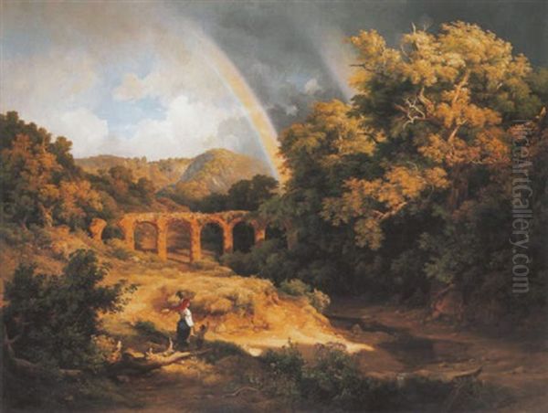 Italiai Taj Viadukttal, Szivarvannyal (italian Landscape With Viaduct And Rainbow) Oil Painting by Karoly Marko the Elder